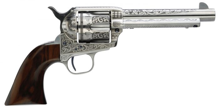 Taylors & Company 550898 1873 Cattleman 45 Colt (LC) Caliber with 5.50" Barrel, 6rd Capacity Cylinder, Overall White Photo Engraved Finish Steel & Walnut Grip