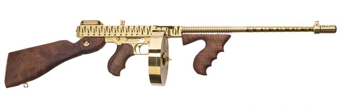 Thompson T150DTGTS 1927A-1 Deluxe 45 ACP Caliber with 16.50" Barrel, 20+1 Capacity (Stick), 50+1 Capacity (Drum), Gold w/Tiger Stripe Metal Finish, American Walnut Stock Wood Grip Right Hand