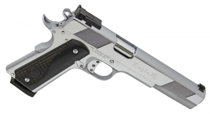 Iver Johnson Arms EAGLEXLC45 Eagle XL  45 ACP 8+1 6" Steel Barrel, Bright Chrome High Polished Long/Serrated Steel Slide & Frame w/Beavertail, Diamondwood Walnut w/Integrated Logo Grip, Right Hand
