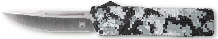 CobraTec Knives WDCCTLWDNS Lightweight  3.25" OTF Drop Point Plain D2 Steel Blade/Winter Digi Camo Aluminum Handle Includes Pocket Clip