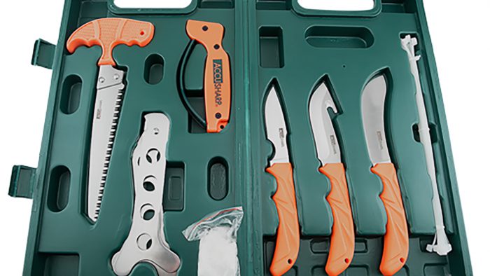 AccuSharp 728C Game Processing Kit Butcher/Caper/Gut-Hook/Bone Saw/Ribcage Spreader Gut Hook/Saw/Plain Stainless Steel Blade Orange FRN Handle