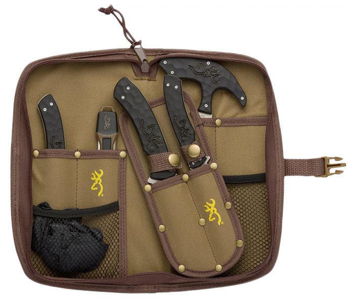 Browning 3220422B Primal Combo  Fixed Bone Saw/Caper/Gut Tool/Sharpening Tool/Skinner 8Cr13MoV SS Blade, Black Polymer w/Rubber Overmold Handle, 6 Piece Set, Includes Case/Gloves