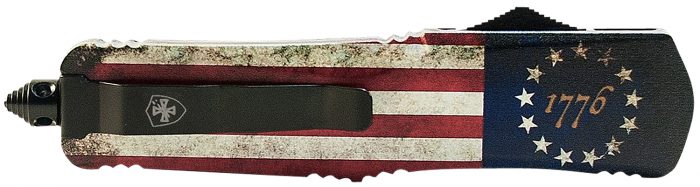 Templar Knife SBRF331 Gen II Betsy Ross Flag Small 2.69" OTF Drop Point Plain Black Oxide Stonewashed Black 440C SS Blade, 4.31" Betsy Ross Flag Aluminum Handle Glass Breaker