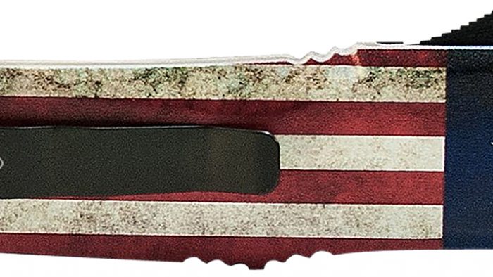 Templar Knife SBRF331 Gen II Betsy Ross Flag Small 2.69" OTF Drop Point Plain Black Oxide Stonewashed Black 440C SS Blade, 4.31" Betsy Ross Flag Aluminum Handle Glass Breaker