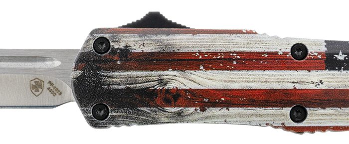 Templar Knife SWUS232 Gen II Wood US Flag Small 2.69" OTF Tanto Plain Powder Coated 440C SS Blade, 4.31" Painted Wood Grain US Flag Aluminum Handle, Glass Breaker