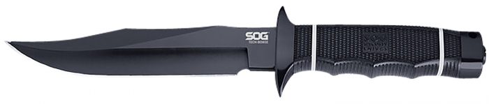 S.O.G SOGS10BK Tech Bowie  6.40" Fixed Plain Clip Point Black Hardcased TiNi AUS8 SS Blade/ Black w/ White "SOG" Logo Kraton Handle
