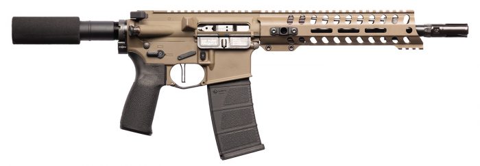 Patriot Ordnance Factory 01803 Minuteman DI 5.56x45mm 30+1 10.50" Nitride Treated Chrome Moly Barrel, 9" M-LOK Handguard, Patriot Brown Cerakote Receiver, Black Synthetic Buffer Tube, Black MFT Grips