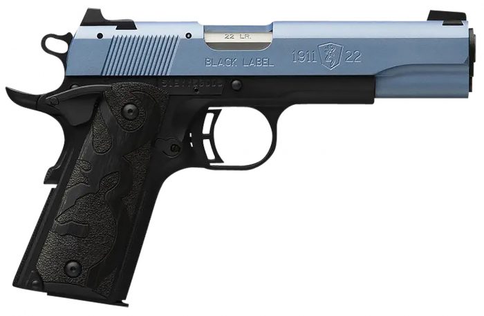 Browning 051897490 1911 Black Label Full Size Frame 22 LR 10+1, 4.25" Matte Stainless Steel Barrel, Polar Blue Cerakote Serrated Slide, Matte Black Polymer Frame w/Beavertail, Black Laminate Wood Grip