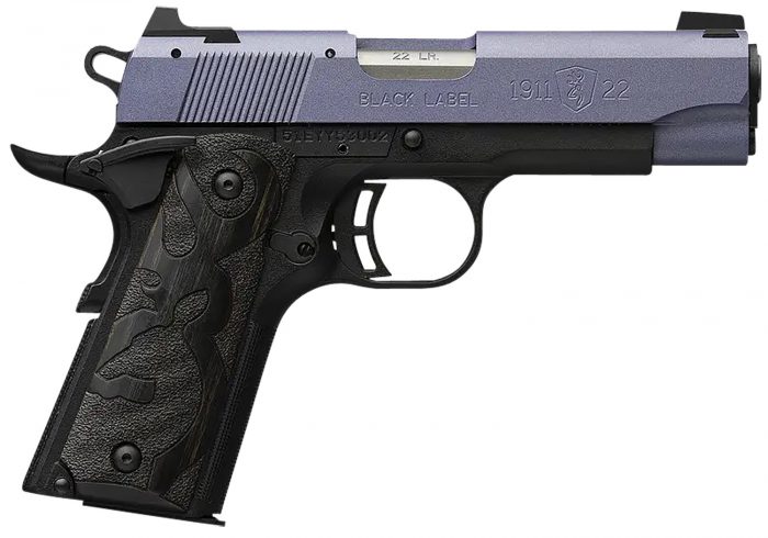 Browning 051894490 1911 Black Label Compact Frame 22 LR 10+1, 3.63" Matte Stainless Steel Barrel, Crushed Orchid Cerakote Serrated Slide, Matte Black Polymer Frame w/Beavertail