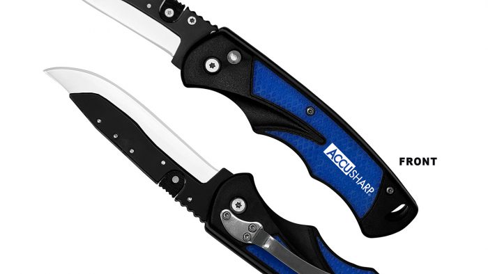 AccuSharp 743C Replaceable Blade Razor  3.50" Folding Plain Stainless Steel Blade/Royal Blue Ergonomic Anti-Slip Anodized Aluminum Handle/Includes 2 Replacement Blades/Belt Clip