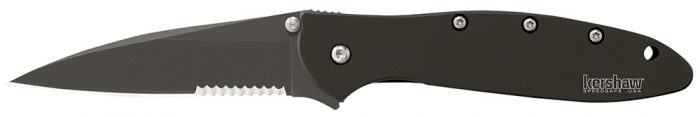 Kershaw 1660CKTST Leek  3" Folding Modified Drop Point Part Serrated Black DLC 14C28N Steel Blade Black DLC 410 Stainless Steel Handle Includes Pocket Clip