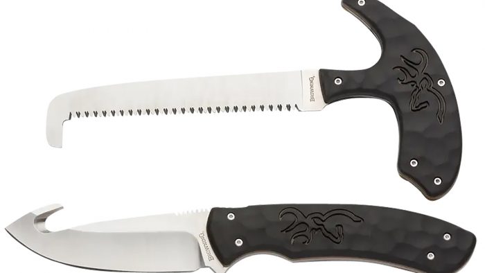 Browning 3220420 Primal Combo  3.75"/5.25" Fixed Drop Point Gut Hook/Skinner, Saw 8Cr13MoV SS Blade, Black Polymer w/Rubber Overmold & Finger Grooves Handle, 2 Piece Set, Includes Sheath