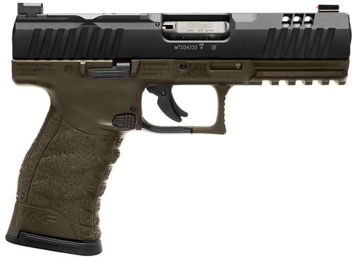 Walther Arms 5220307 WMP  Full Size Frame 22 WMR 15+1 4.50" Black Steel Barrel, Black Optic Ready/Serrated Slide, OD Green Polymer Frame w/Picatinny Rail, Textured Polymer Grip