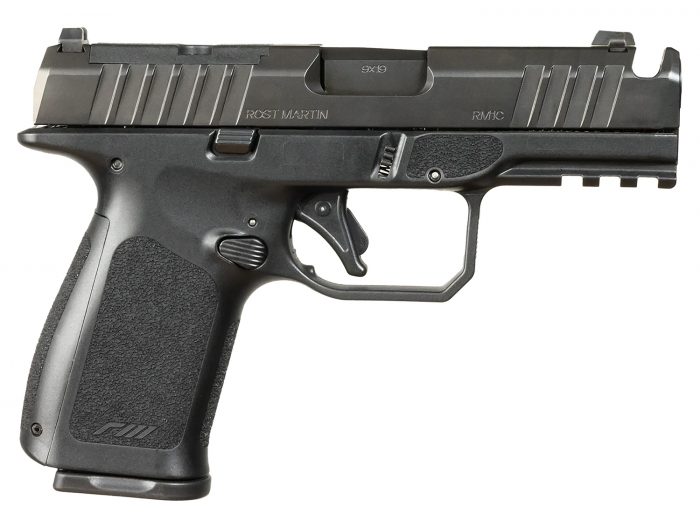 Rost Martin RM1CBLKOSP(COMP) RM1C  9mm Luger 17+1 4" Black Compensated Match Grade Barrel, Black Tenifer Optic Ready/Serrated Steel Slide, Black Polymer Frame w/Picatinny Rail, Textured Grip