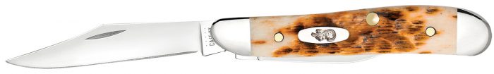 Case 00045 Peanut  2.10"/1.53" Folding Clip Point/Pen Plain Mirror Polished Tru-Sharp SS Blade, Peach Seed Jigged Amber Jigged Bone Handle