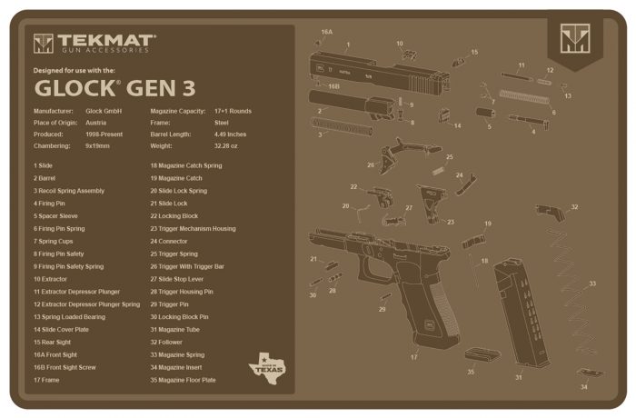 TekMat TEKR17GLOCKG3FDE Glock Gen 3 Cleaning Mat Flat Dark Earth Rubber 11"x17" Glock Gen 3 Parts Diagram