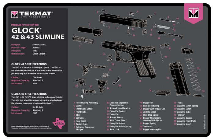 TekMat TEKR17GLOCKG3PNK Glock Gen 3 Cleaning Mat Pink Rubber 11"x17" Glock Gen 3 Parts Diagram