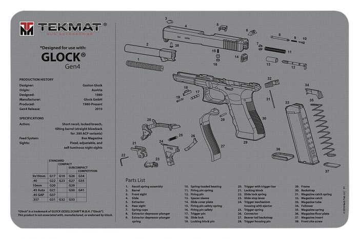 TekMat TEKR17GLOCKG4GY Glock Gen 4 Cleaning Mat Gray Rubber 11"x17" Glock Gen 4 Parts Diagram