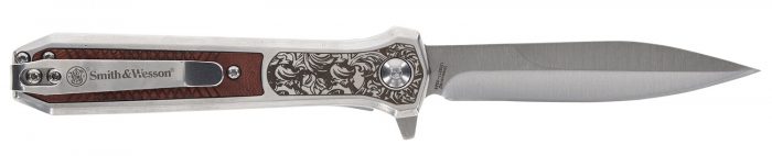 Smith & Wesson Knives 1205011 Unwavered  3.50" Folding Dagger, Plain Stonewashed 8Cr13MoV SS Blade, 4.25" Rosewood w/SS Scales Handle