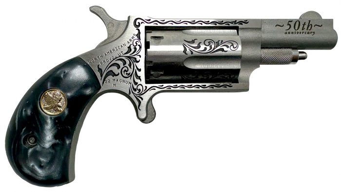 North American Arms 22M50B 50th Anniversary  22 Mag 5 Shot 1.63" Matte Stainless w/"50th Anniversary" & Scroll Engraving, Black Pearl Grip, Exposed Hammer