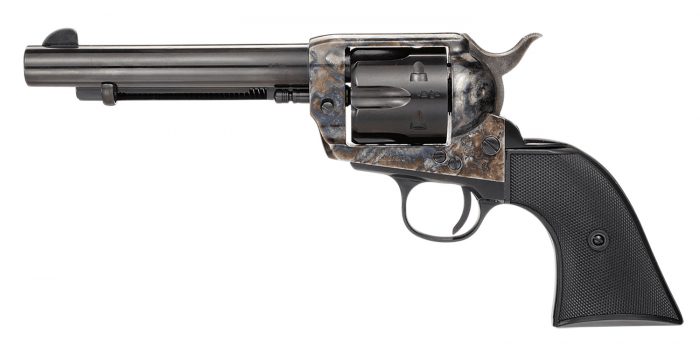 Taylors & Company 200110 1873 Pietta 9mm Luger 6 Shot 5.50" Blued Round Barrel, Blued Cylinder, Color Case Hardened Steel Frame, Black Checkered Plastic Navy Grip, Manual Safety, Exposed Hammer