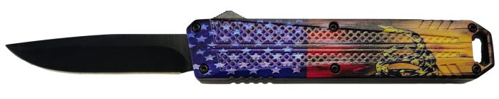 Xcaliber Knife Company  Don't Tread on Me  Medium 3.20" OTF Drop Point Plain Black 440C SS Blade, 4.80" US Flag Aluminum Handle