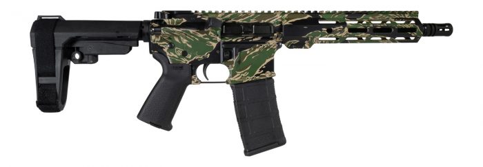 Shark Coast Tactical SCC07305TGR-P Tiger Stripe 5.56 NATO 30+1 Black Nitride Threaded Barrel, Aluminum Receiver w/Picatinny Rail, M-LOK Handguard, Polymer SB Tactical SBA3 Brace, Magpul MOE Grip, Righ