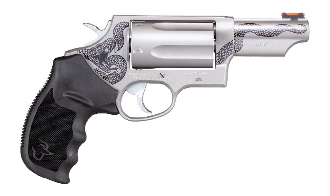 Taurus 2-441039T-SNK Judge  Compact 45 Long Colt/410 Gauge 5 Shot 3" Stainless Engraved w/Snake  Barrel & Frame, Stainless Cylinder, Black Rubber Grip, Transfer Bar Safety