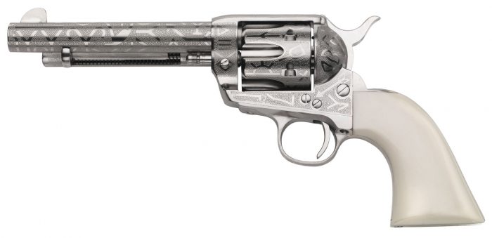 Taylors & Company 200060 1873 Cattle Brand Pietta 38 Special/357 Mag 6 Shot 5.50" Nickel Engraved Round Barrel, Nickel Engraved Cylinder & Steel Frame, White PVC Navy Grip, Exposed Hammer