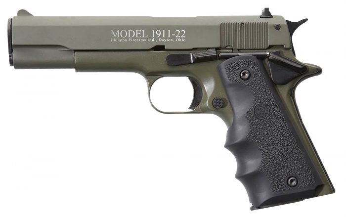 Chiappa Firearms 401121 1911-22  22 LR 10+1 5" OD Green Serrated Steel Slide & Beavertail Frame, Black Hogue Rubber w/Finger Grooves Grip