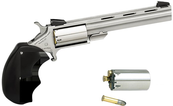 North American Arms MMC Mini-Master *CA Compliant 22 LR 22 WMR 5 Shot 4" Stainless Vent Rib Barrel, Stainless Steel Frame & Cylinder, Black Finger Grooved Rubber Grip, Exposed Hammer