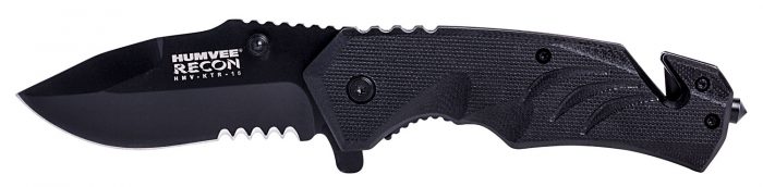 Humvee Adventure Gear HMVKTR15 Tactical Recon  3" Folding Drop Point Part Serrated Black Stainless Steel Blade/Black Textured Features Glass Breaker/Seat Belt Cutter Includes Pocket Clip
