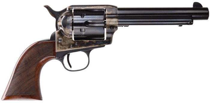 Taylors & Company 550813DE Smoke Wagon Uberti 45 Colt (Long Colt) 6 Shot 5.50" Blued Round Barrel & Cylinder, Color Case Hardened Steel Frame, Checkered Walnut Navy Grip, Exposed Hammer