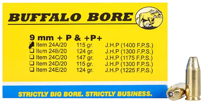 Buffalo Bore Ammunition 24A20 Personal Defense Strictly Business 9mmLuger +P+ 115gr Jacket Hollow Point 20 Per Box/12 Case